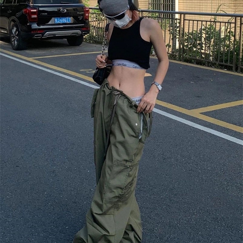 Women's Pants Capris HOUZHOU Army Green Low Rise Parachute Pants Women Cyber Y2K Vintage Pockets Cargo Trousers Oversize Wide Leg Joggers Edgy St