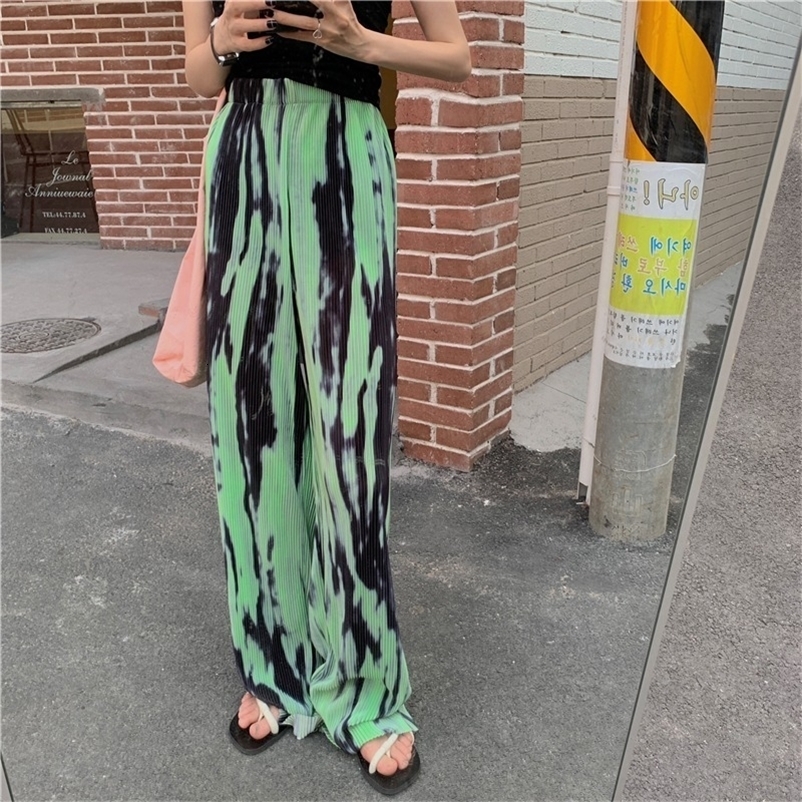 Pants & Capris Thin Summer Blue High Waist Tie-dye Wide-leg Women Casual Straight Loose Mopping Trousers Street Retro 210429