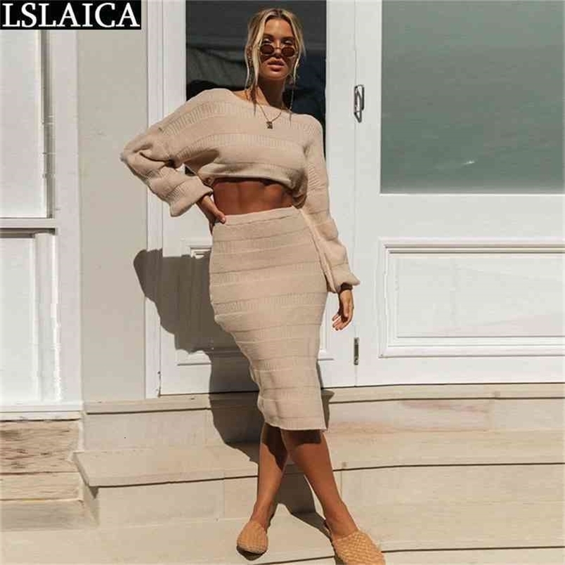 Women Sweater Set Knit Lantern Sleeve Short Tops High Waist Hem Split Bodycon Dress Vintage Two Piece Clothes 210515