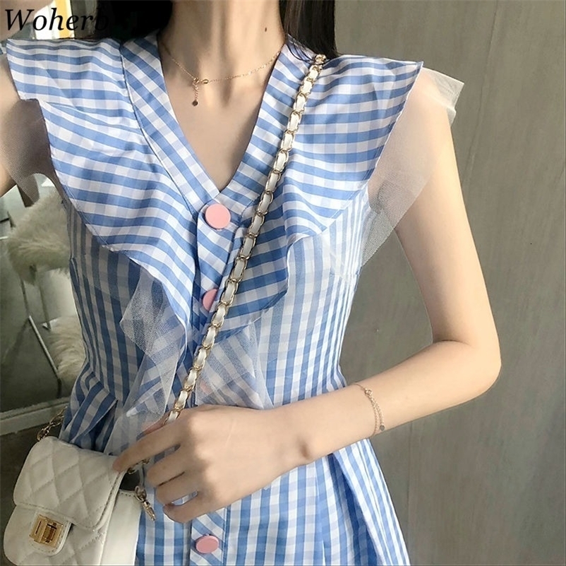 Elegant Sleeveless Plaid Dress Women Casual All Match Lace Patch Cute Robe Harajuku Midi Dresses Vestidos Mujer 210422