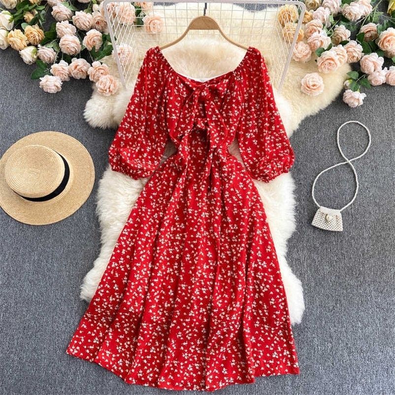 DEAT Women Printing Dress Square Collar Three Quarter Sleeve Arrivals Lady Temperament Fashion Spring Summer 11D562 210709
