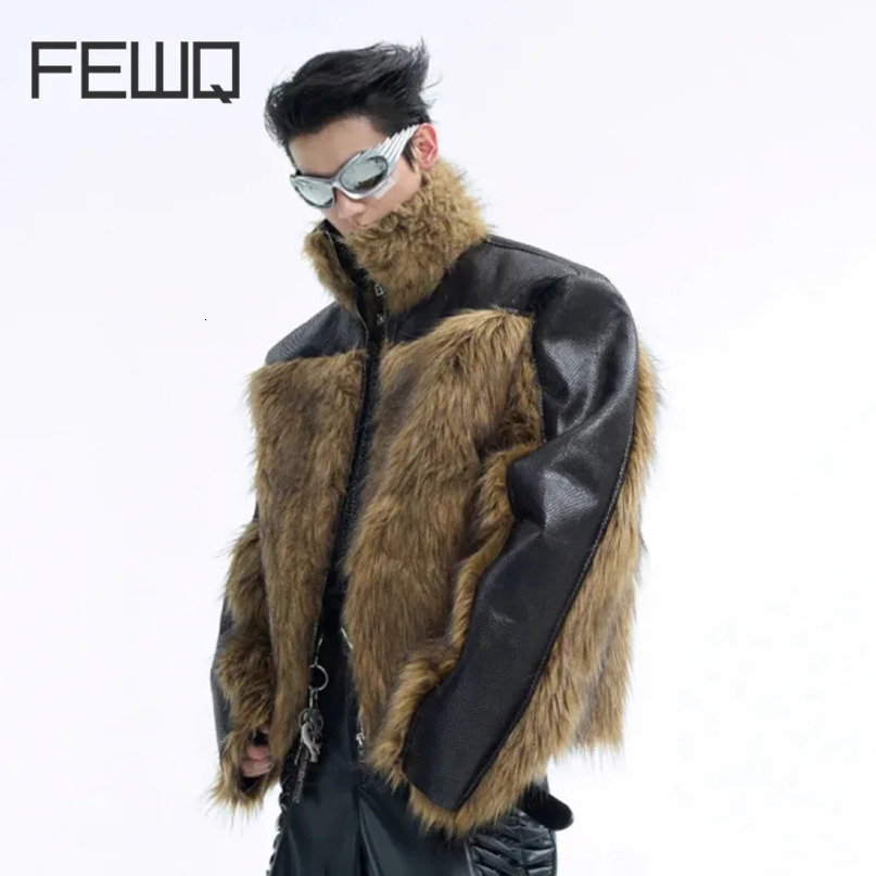 FEWQ mens top PU leather splicing s mink coat three-layer thick jacket 24E5183 241122