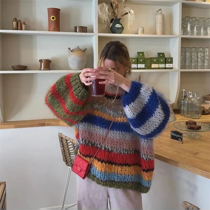 Fashion Contrasting Oversize Sweater O Neck Knitted Sweater Coat Casual Loose Female Coat Autumn Winter Lady Outerwear 241202