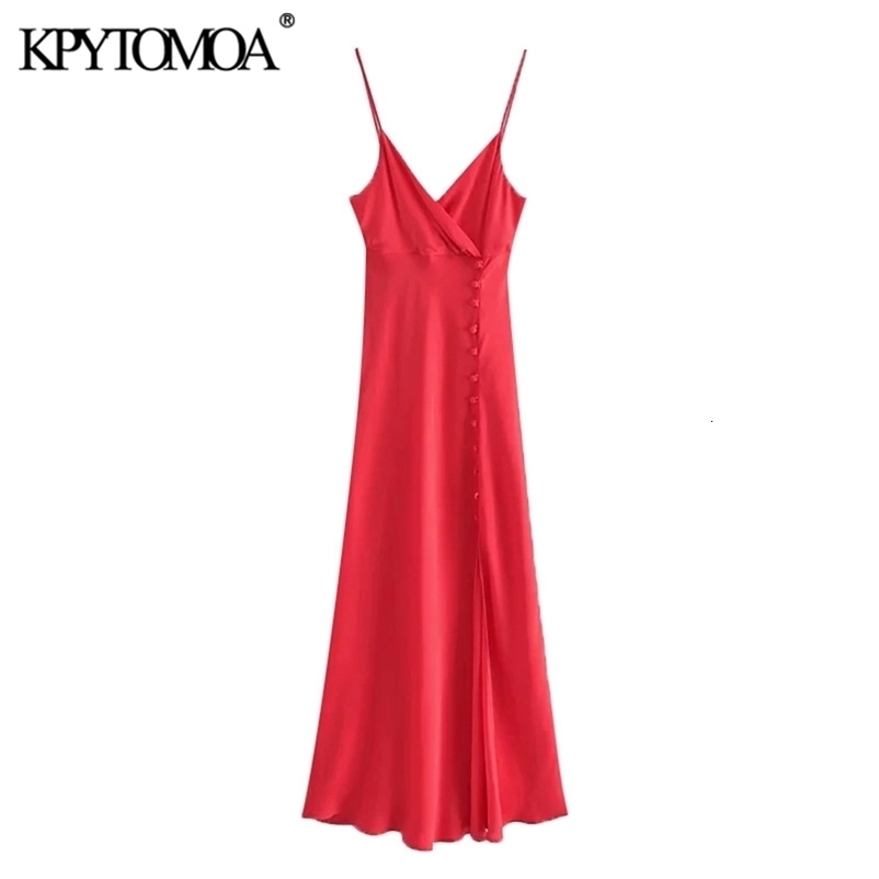 Women Chic Fashion With Buttons Front Slit Midi Camisole Dress Backless Thin Straps Female Dresses Mujer 210420
