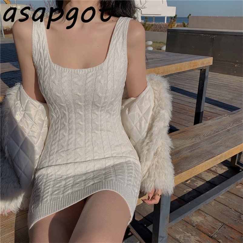 Dresses Slim Wrap Hip High Waist White Knitted Tank Dress Women Mini Bottom Tight Black Sweater Sexy Fashion Vestido De Mujer 210429