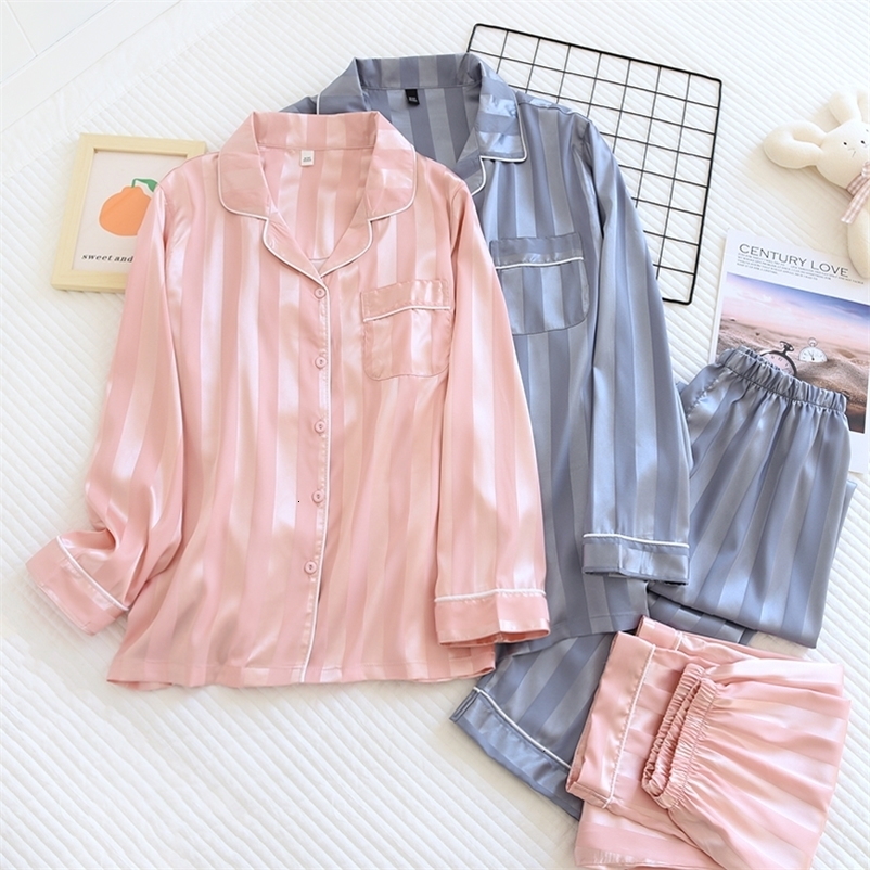 Women's Sleepwear Couple Pajamas Suit Ice Silk Long-Sleeve Sleepwear Silky Satin Women Home Service Set Femme Pijamas Mujer Feminino Pyjama 23030