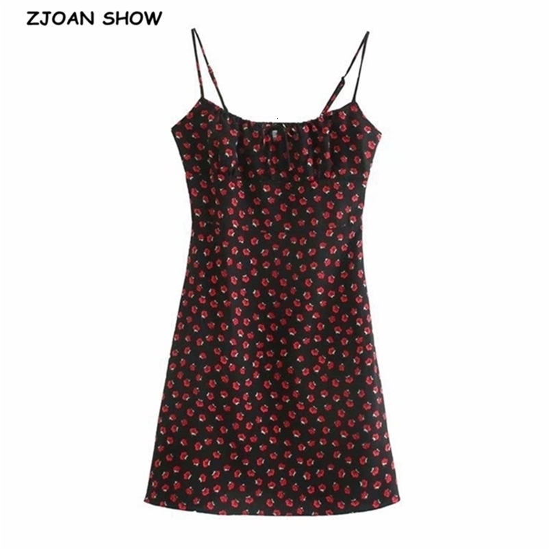 Vintage France Summer Rose Flower Print Spaghetti Strap Short Dress Retro Sexy Women Back Elastic Ruched Sling Dresses Holiday 210429