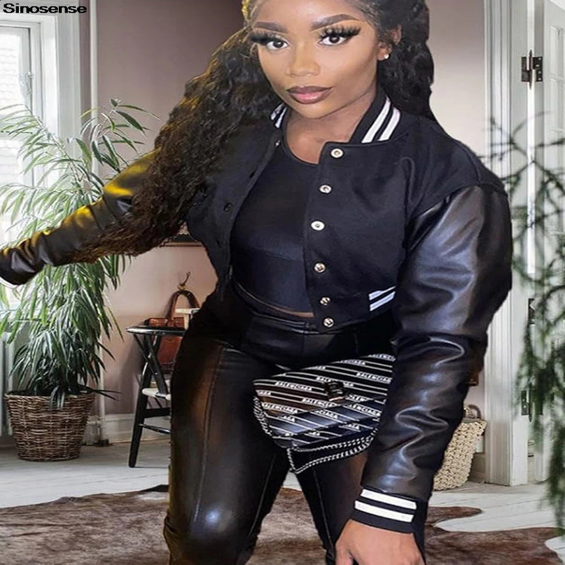 Womens Crop Vintage Varsity Jacket Faux Leather Patchwork Long Sleeve Button Down Bomber Jackets Casual Baseball Jersey 250228