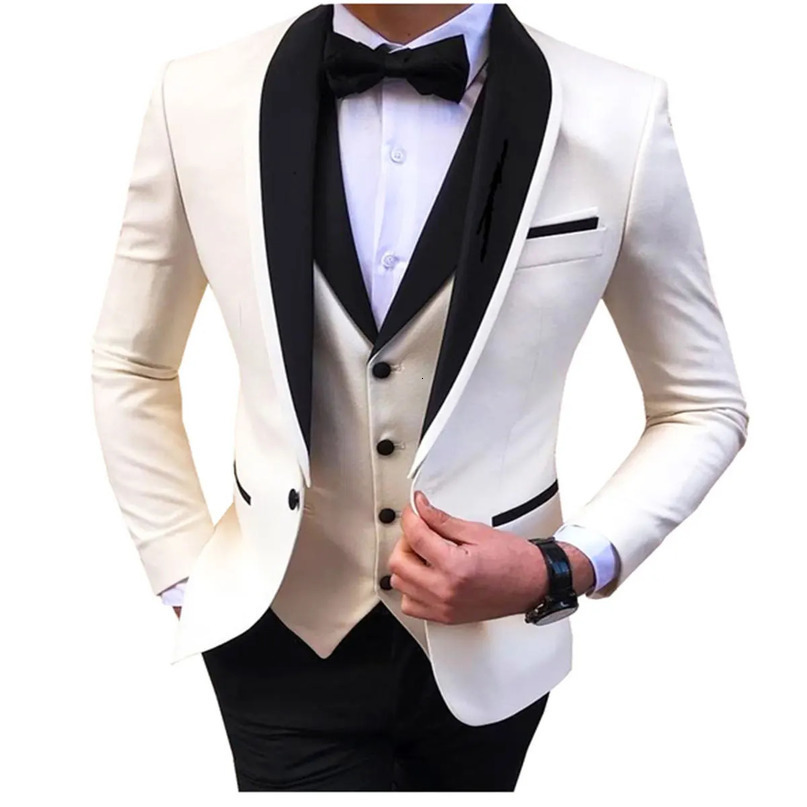White Mens Suits Men 3 Piece Formal Wedding Shawl Lapel Casual Tuxedos for Prom Groomsmen BlazerVestPant 240412