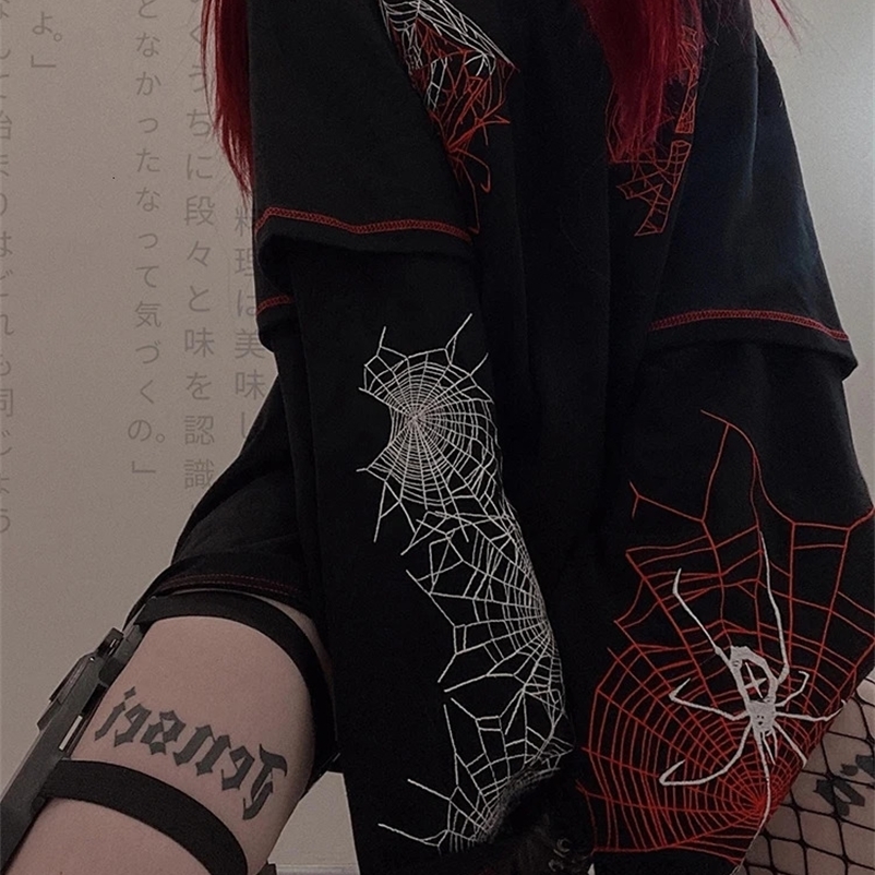 Y2K Long Sleeve Shirts Women Spider Web Graphic Print Top Spring Goth grunge Streetwear Loose Gothic Punk Top Women T Shirt emo 240717