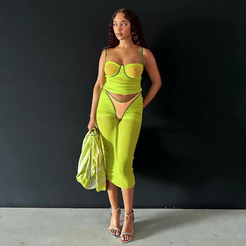 BUILDINGB Spaghetti Strap Bodycon Sexy Dress Set Sleeveless Top And Skirt Summer Two Piece Mesh Patchwork Transparent C 240423