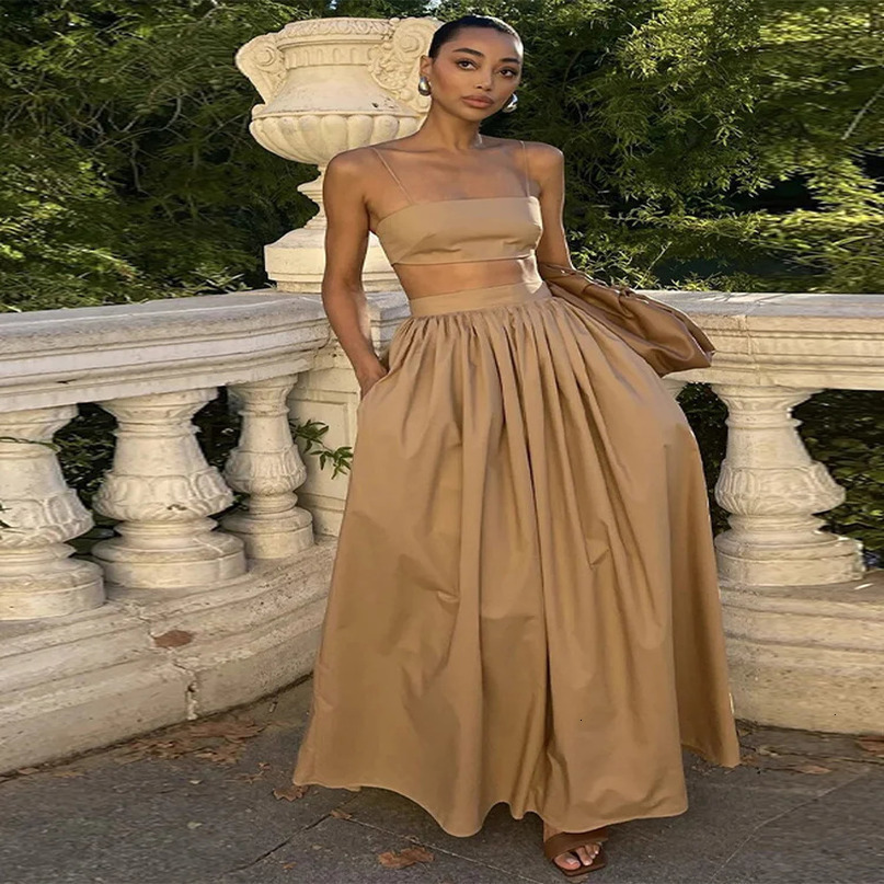 Women Tube Top Skirt Set Sexy Off Shoulder Suspenders Blouse Loose Elastic Waist Skirts Female Suits Summer Lady Outwear 250515