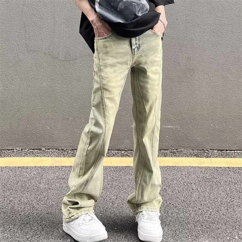 American Style High Street Trendy Jeans Men Slimming Straight Leg Dirty Blonde Wash Hip Hop Slim Fit Stack Denim Pants 240912