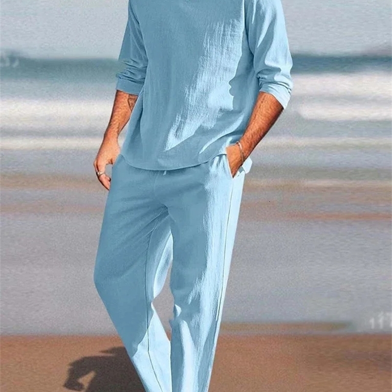 Men Outfit Set Spring Summer Loose Cotton Linen Two Piece Set Mens Solid Color Long Sleeve Pullover Tops Long Pant Suits 240530