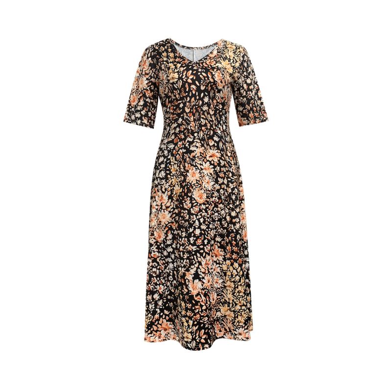 Women's Spring Summer New Fashion Vacation - Style Dress, Plant Printed V - Neck Milk Silk Midi Dress-CF53826