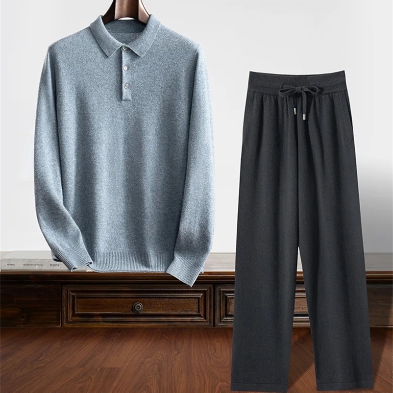 Mens Cashmere Polo Pullover Sweater Casual Soft 100% Cashmere Knitwear High-waisted Pants Spring Autumn Clothes Solid Set 250224