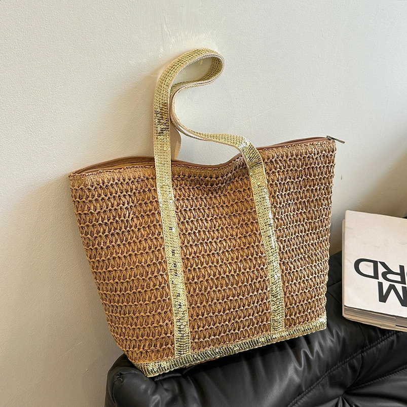 Summer Straw Bag Womens Crochet Handbag Lafia Lattan Shopping Sparkling Shoulder 241014