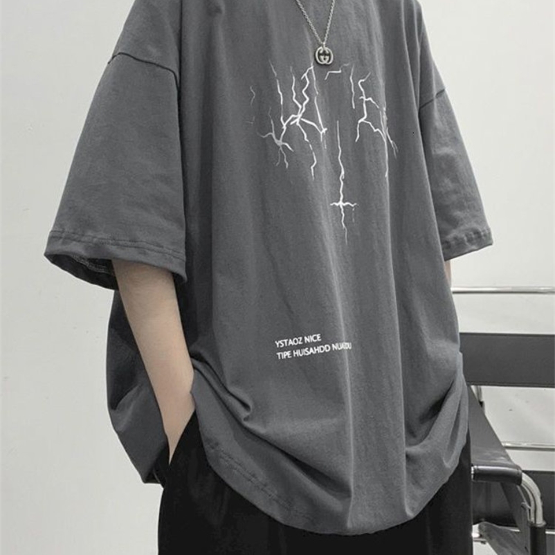 Men's T-Shirts Summer oversized T-shirt men's T-shirt women's lightning printed short sleeved T-shirt retro dark jacket Korea loose tre