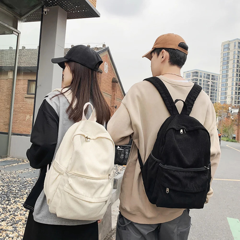 Ship from US Backpack for Women Men Adjustable Strap Laptop Bag Corduroy Solid Color Daypack with Zipper School Travel Work 250227FBB