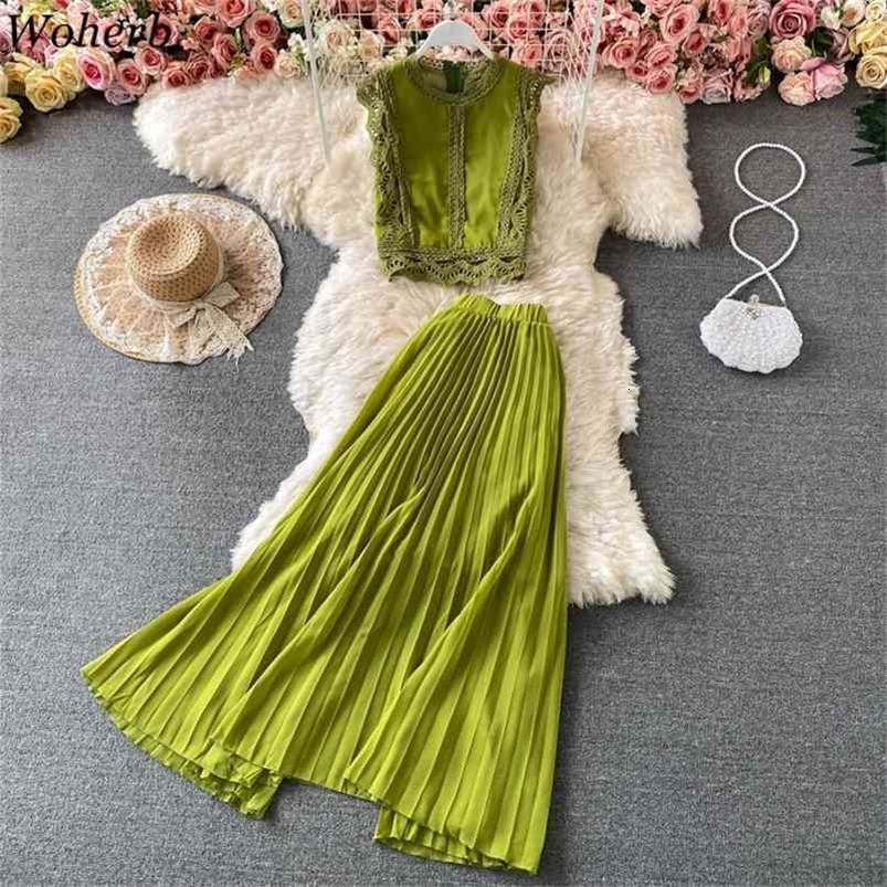 Summer Women 2 Piece Set Solid Tank Chiffon Lace Blouse+High Waist Pleated Skirts Beach Style Fashion Korean Outfits 210519