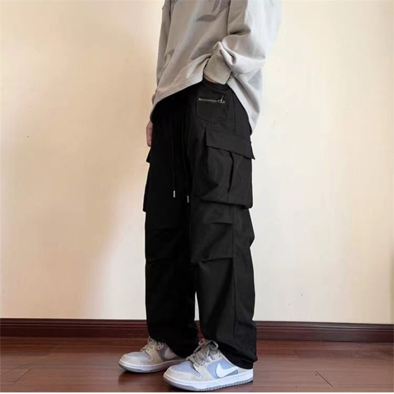 Men's Pants Overalls Men's Spring Summer Retro High Street Casual pants Large Pocket Trousers Loose Straight Tube Draped Wide-leg Pants 2305