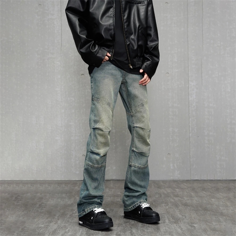 Jeans for Men Streetwear Blue Vintage Casual Fashion Y2k Style Street Slim Distressed Original er Fit Stacked Denim Pants 240912
