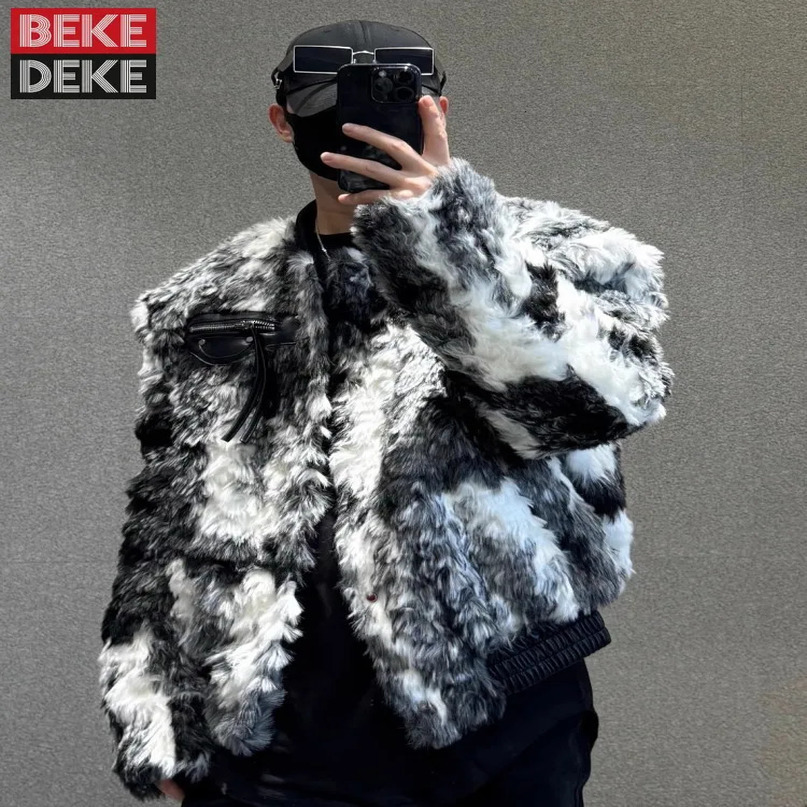 Fashionable mens winter warm padded fur leather jacket with retro print loose fit suitable for parties Donnie jacket patch work pocket bomber jacket 2