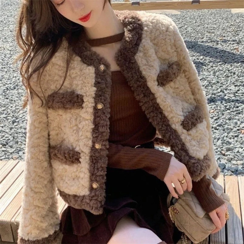 Xpqbb Lamb Wool Jackets for Women Autumn Winter Keep Warm Plush Short Outwear Ladies Elegant Contrast Loose Cotton Fur Coat 241214