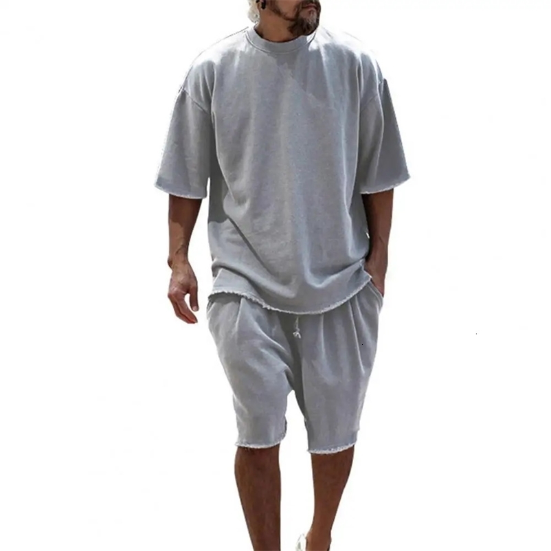 Summer Mens Solid Color Loose Fitting Tracksuits Casual Short Sleeved T-shirt Shorts Pants Two Piece Sets Women Fashion Suit 240529