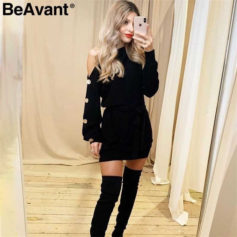 BeAvant Elegant one shoulder knitted dress women Fashion buttons sash female autumn dresses Casual loose winter ladies vestidos 210709