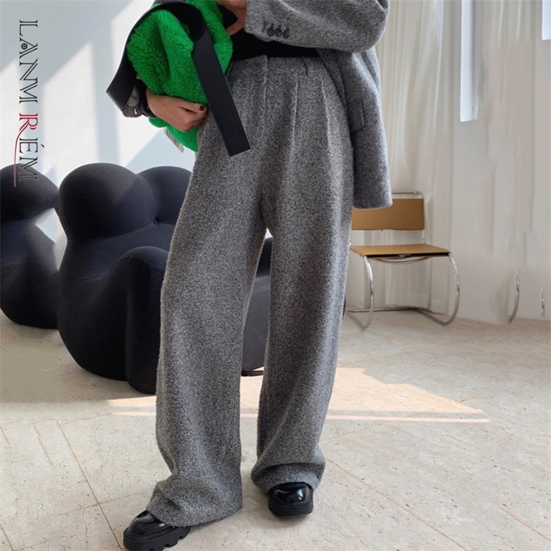 Women's Pants Capris LANMREM High Waist Wide Legs Woolen Blend Trousers For Women Spring Winter Gray Black Color Female Casual Pants 2C351 230306