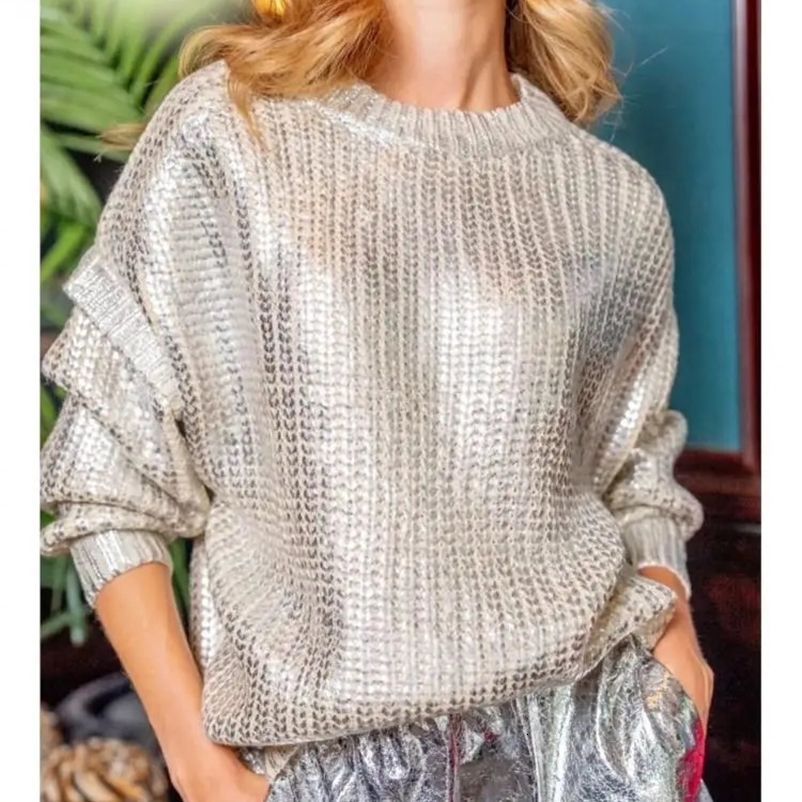 Women's Sweaters Solid Mental Color Lantern Sleeve Knit Sweaters Women Pullover Chic Thick Warm Oversized Loose Pullover Ladies Casual Knitwear 2