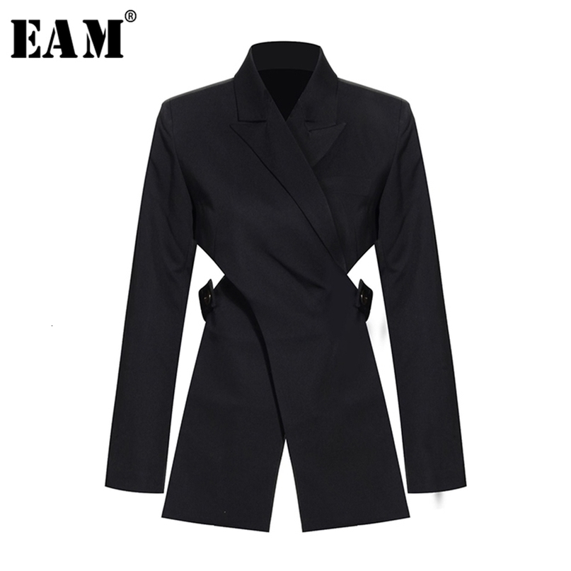 EAM Women Black Cross Bandage Short Blazer New Lapel Long Sleeve Loose Fit Jacket Fashion Spring Autumn 1T126 201106
