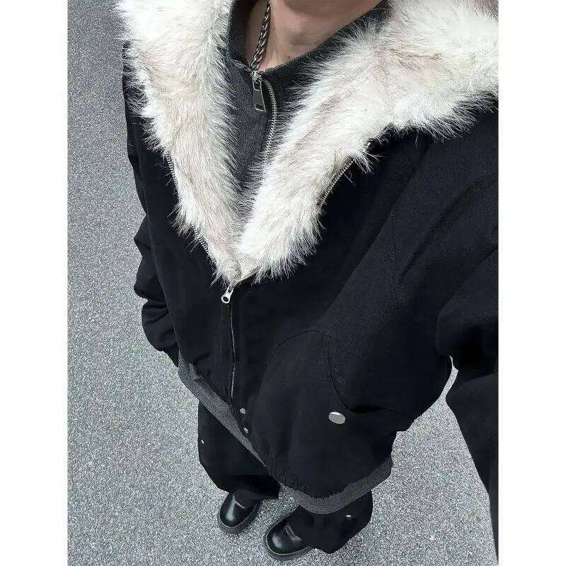 American Winter New Vintage Hipster Hooded Padded Coat Men Y2K Haruku Punk Hip Hop Pocket Casual Joker Cotton-padded Jacket