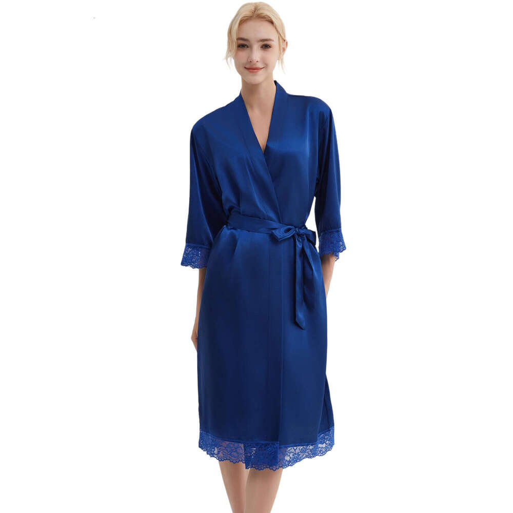 Lace trimmed high-end satin robe, solid color patchwork lace long sleepwear outer robe, luxurious and noble home wear, a must-have for elegant home we