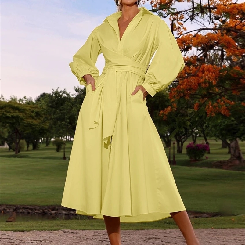 Clacive Fashion loose yellow cotton womens dress 2025 casual lapel long sleeved midi dress elegant classic lace dress 250103