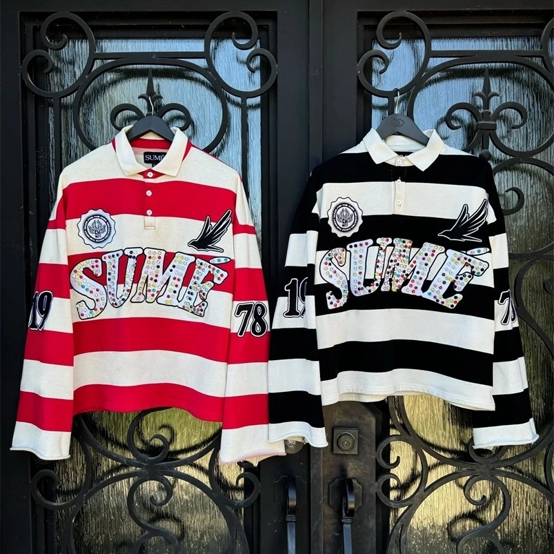 Autumn mens hip-hop trend personalized striped collar shirt Y2k retro fashion classic collar shirt long sleeved T-shirt 250103