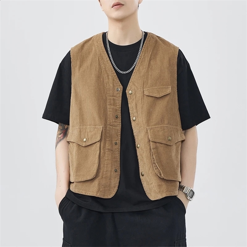 100% Cotton Corduroy American Workwear Vest Mens Mountain Outdoor Summer Autumn Vest Coat 24ss Y2k Youth Male Vintage Cityboy 240717