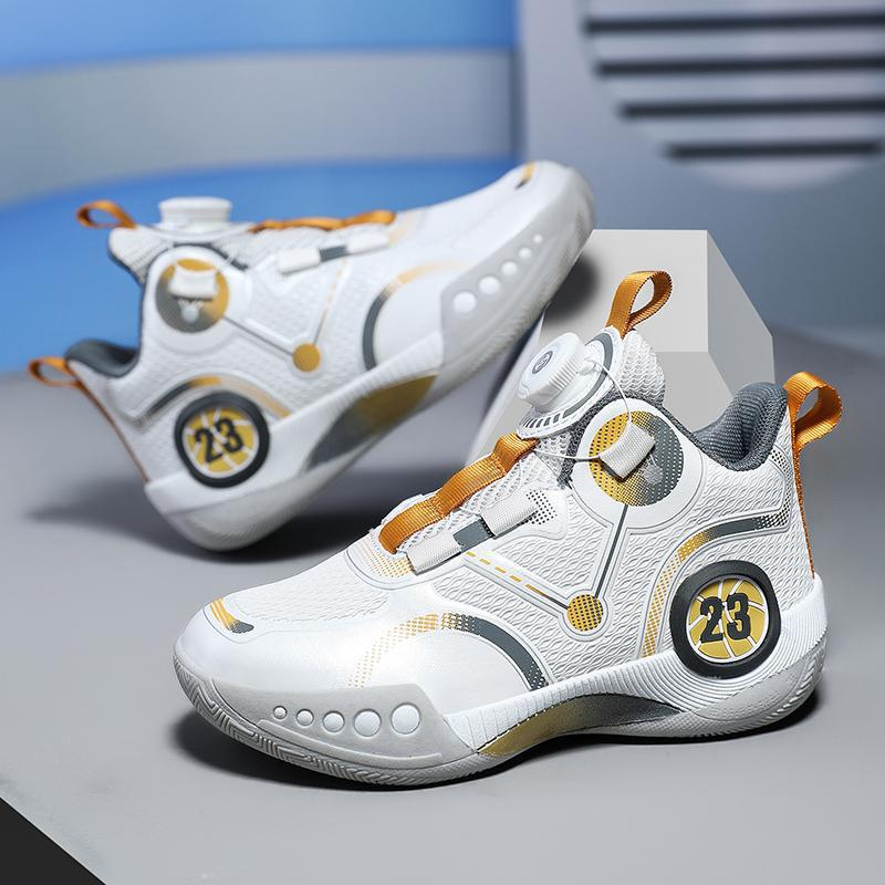 Free shipping children's boys' basketball shoes, autumn mid to large children's rotating button running shoes, wear-resistant and shock