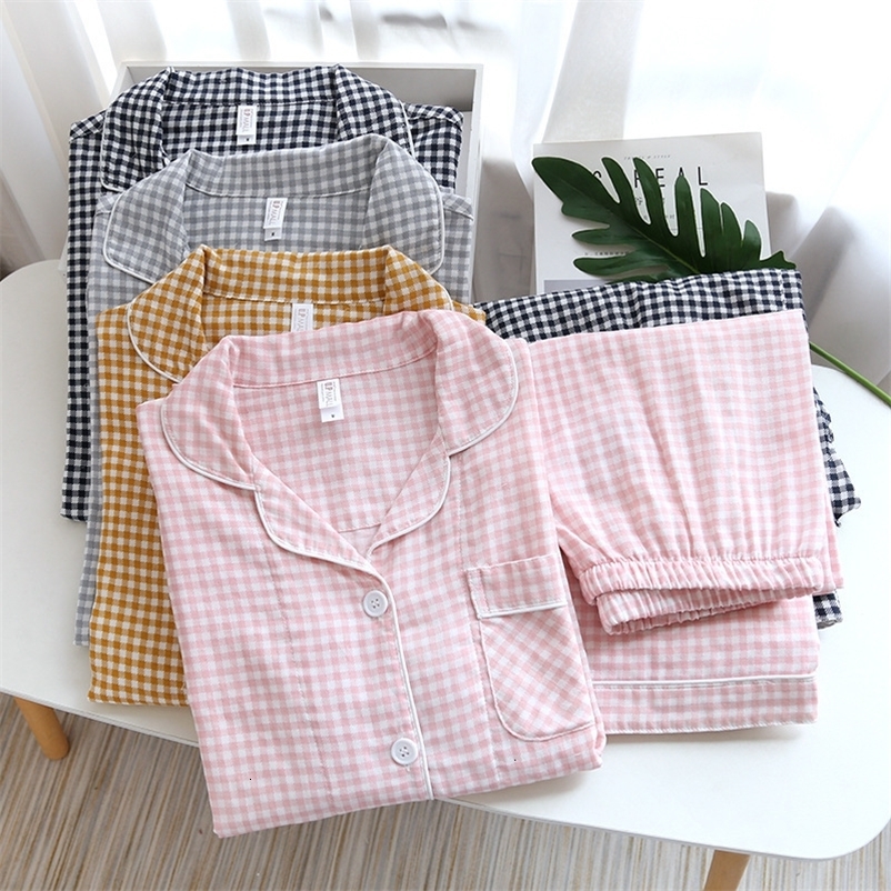 Women's Sleepwear Japanese couple pajamas long-sleeved trousers two-piece 100% cotton gauze simple plaid home service suit for men and women 2303