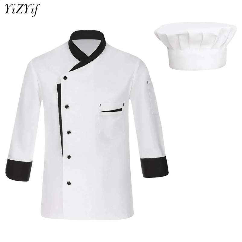 Unisex Mens Womens Chef Jacket Long Sleeve Contrast Color Coat Restaurant Kitchen Cooking Apparel Work Wear Uniform with Hat 240814
