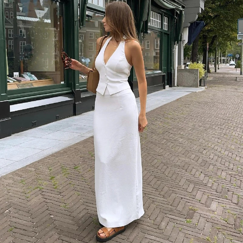 Combhasaki Womens 2Pcs Y2K Vintage Outfits Solid Color Button Halter Tieup Back Tops Slit Long Skirt Streetwear Aesthetic Set 240415