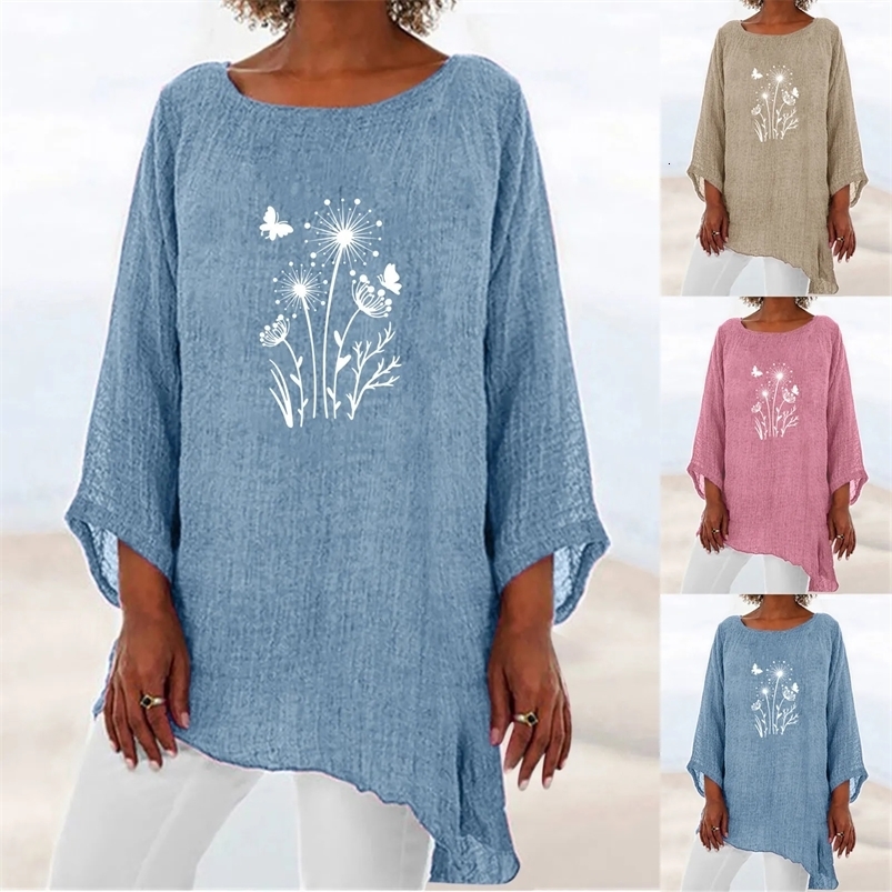 Summer shirt womens plus size dandelion third quarter sleeve cotton linen top oversized womens top summer tuning 250318