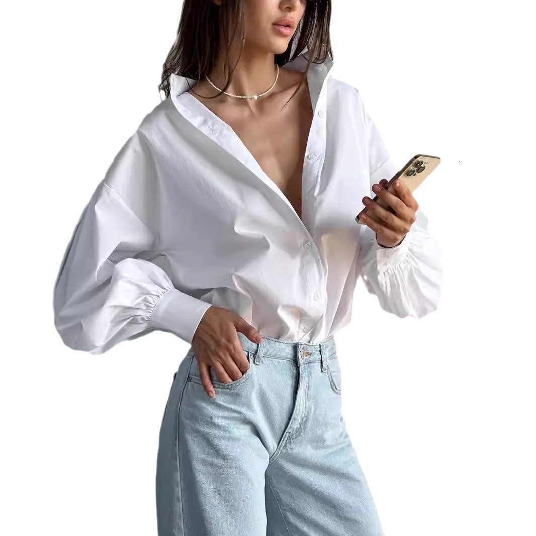 2024 Lantern Sleeve Womens Shirt Lazy Style Elegant Commuting Versatile Round Neck Lantern Sleeve Shirt Women 210524