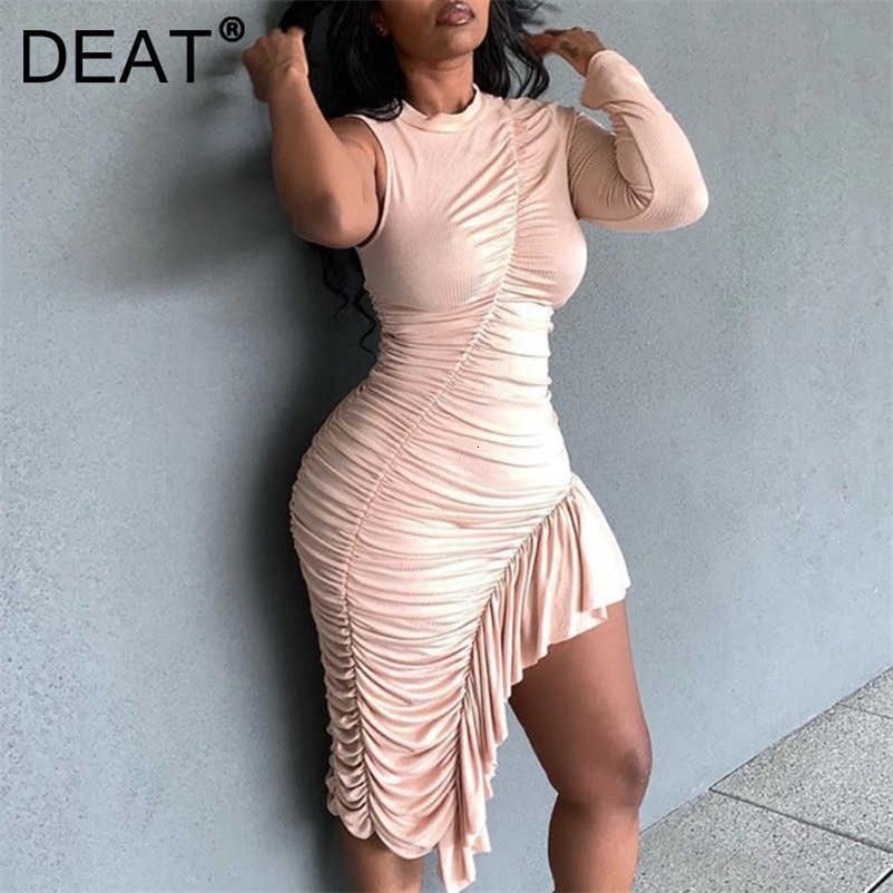DEAT Women Ruffles Dress Round Neck Short Sleeve Arrivals Lady Sexy Fashion Spring Summer 11D1099 210709