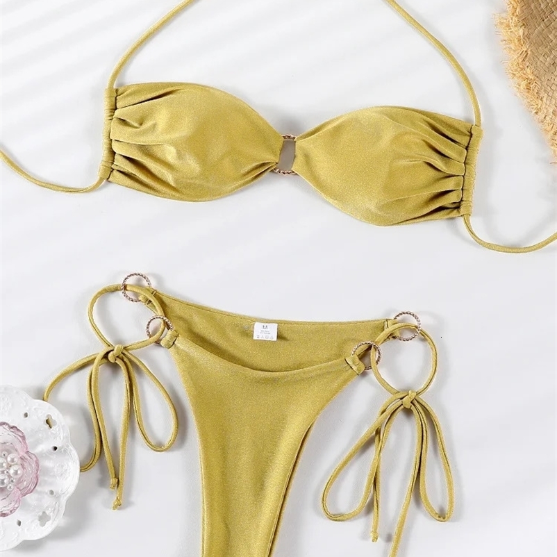 Solid color bikini push up swimsuit womens suspender bikini set shiny swimsuit push up swimsuit bathroom set bandage beach suit thong 250109