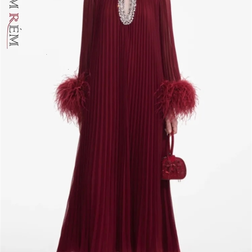 LANMREM 2025 Spring Womens Wear Diamond Splicing Collar Feather Long Sleeve Dress Elegant Clothing 32C1914 250103