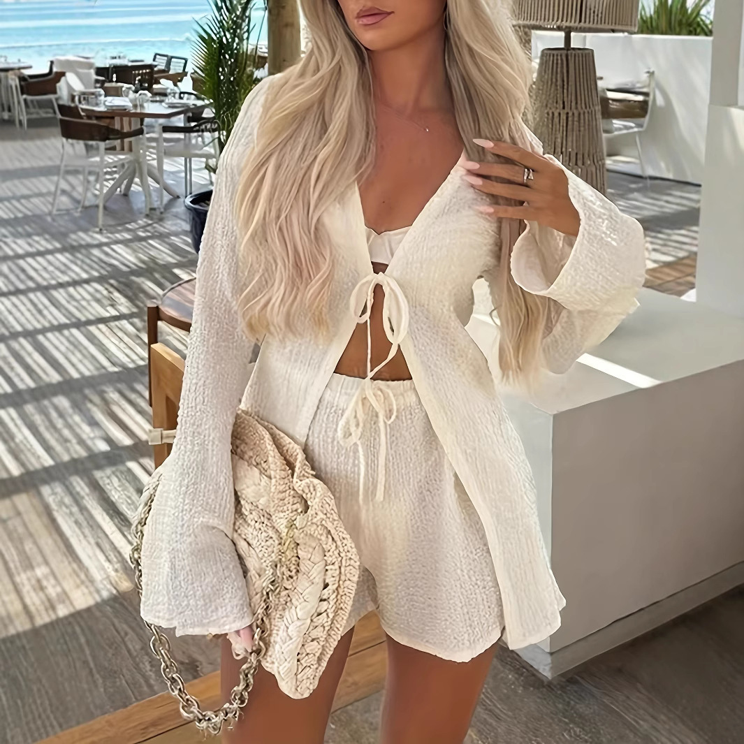 Elegant satin hollow lantern sleeve shirt bow shorts spring/summer womens vacation set 250402