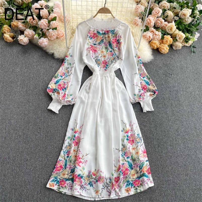 DEAT Spring Arrivals Print Round Collar Puff Sleeve High Waist Loose Vintage Style A-line Dress MZ509 210709