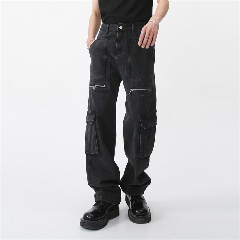 Men's Jeans Men Casual Denim Trousers Big Pockets Zipper Cargo Jeans Pants Male Streetwear Fashion Hip Hop Black Jeans Pants 230329
